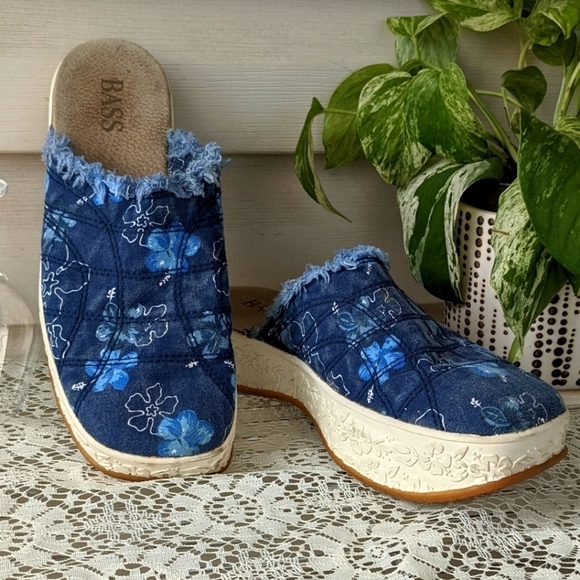 Y2K 90s Vintage Floral Distressed Chunky Platform Mules Clog Sandals Blue Size 8 - Picture 8 of 8